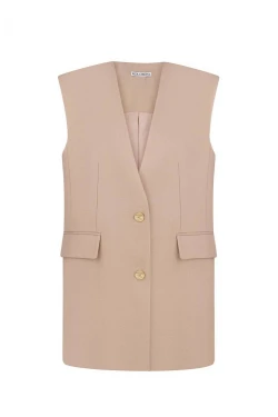 BEIGE COLLARLESS STRAIGHT FIT VEST 1