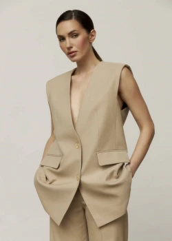 BEIGE COLLARLESS STRAIGHT FIT VEST4