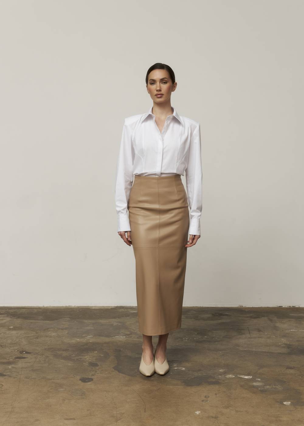 BEIGE FAUX LEATHER MIDI SKIRT 1