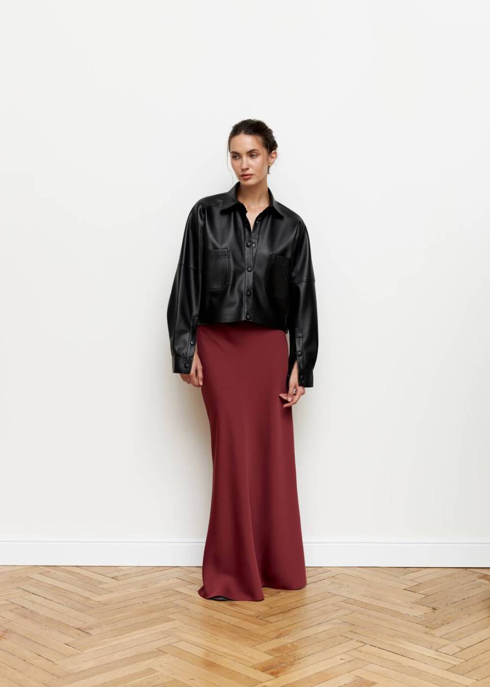BURGUNDY OBLIQUE MAXI SKIRT 1